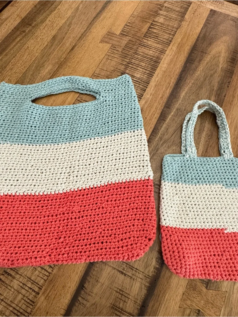 Handcrafted Stripe Crochet Tote & Mini Bag Set in Coral, Cream & Light Blue